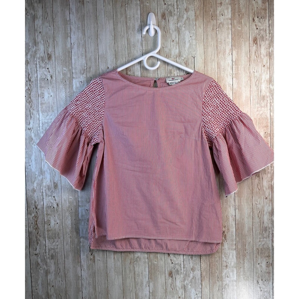 Vineyard Vines Shirt Womens S Red‎ White Striped Keyhole Back Flutter Sleeves